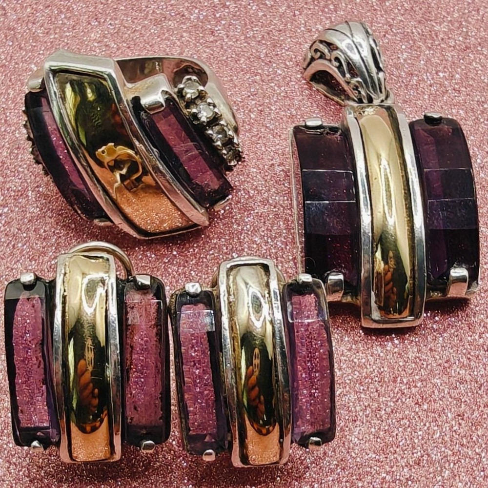 One-of-a-kind Vintage 925 silver 18k Gold‎ Amethyst and diamonds large Set